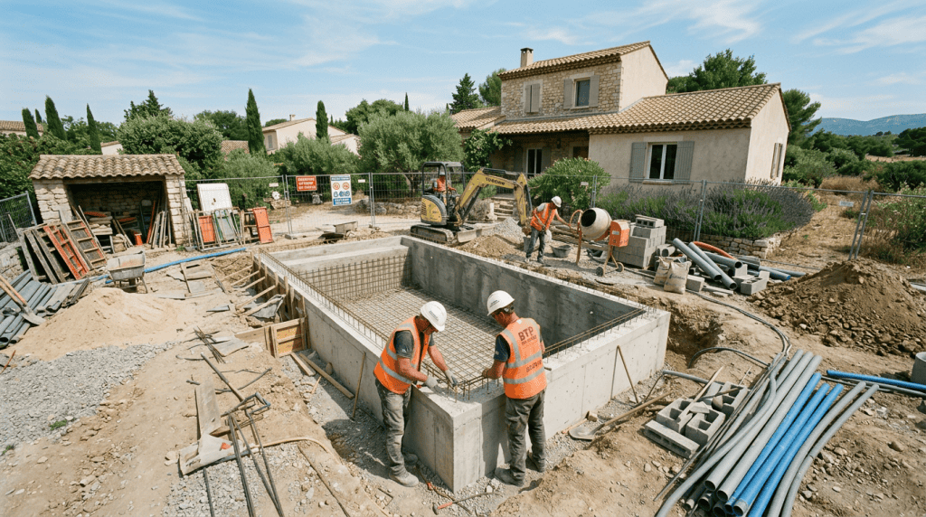 chantier de piscine sur terrain sableux du Bassin d'Arcachon