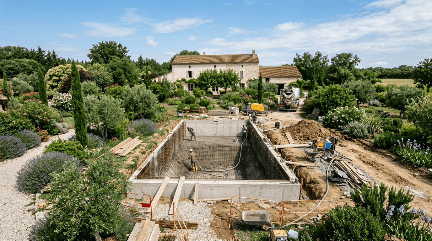 piscine enterrée en construction dans un jardin