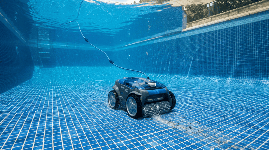 robot nettoyeur au fond d'une piscine